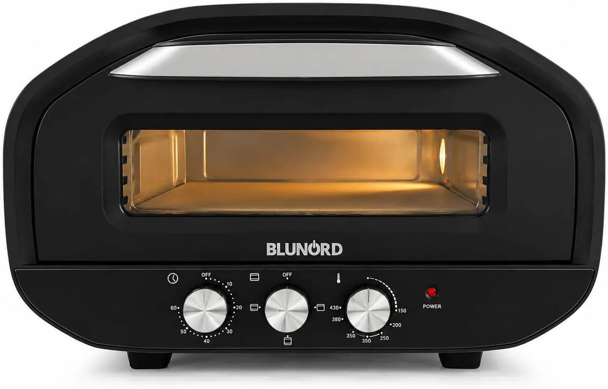 Forno elettrico per pizza, 30 cm, 2200 W, timer, nero, Timer 60 min, Pietra e Pala Incluse, 430°C, 3 Manopole, Forno Pizza Elettrico Manuale BLUFP