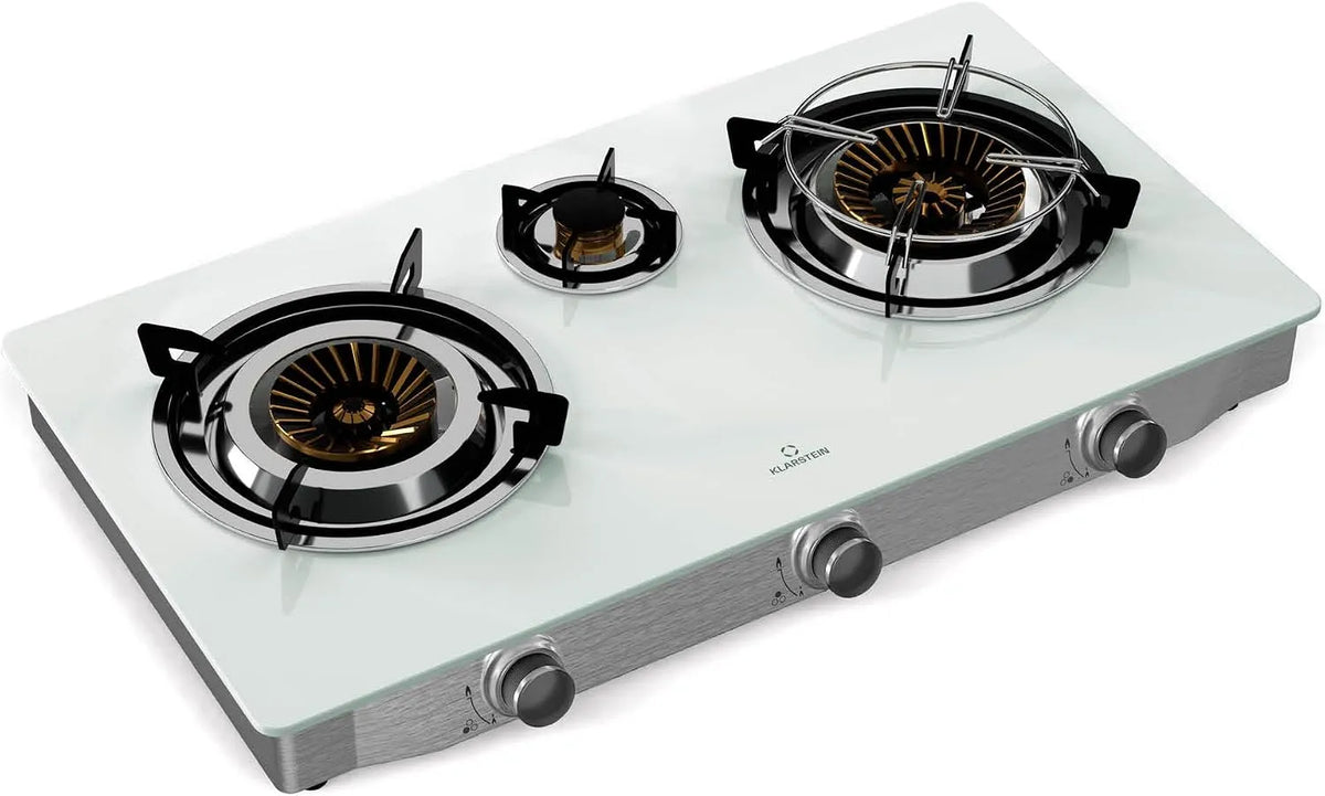 Klarstein Piano cottura a gas, portatile, acciaio inox, fornello a gas, 45kW, 3 Bruciatori, Klarstein Barzona Piano Cottura Gas, Set Completo con Tubi