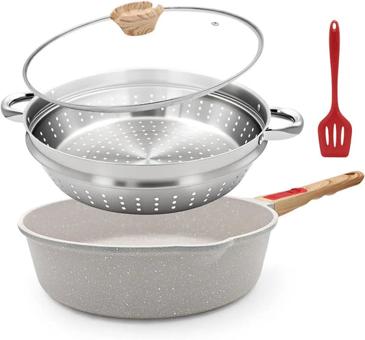 Forno elettrico, 28 cm, vapore, rivestimento antiaderente, rimovibile, bianco, set di 4 pezzi Padella antiaderente, padella con coperchio, cestello