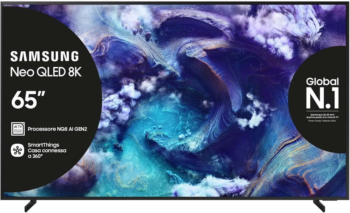 Samsung QE65QN900FTXZT NQ8 Smart TV, televisore, QLED, audio Dolby, Dolby Atmos & OTS Pro, AI Gen3 Processor, 8K AI Upscaling, 2025, Glare Free