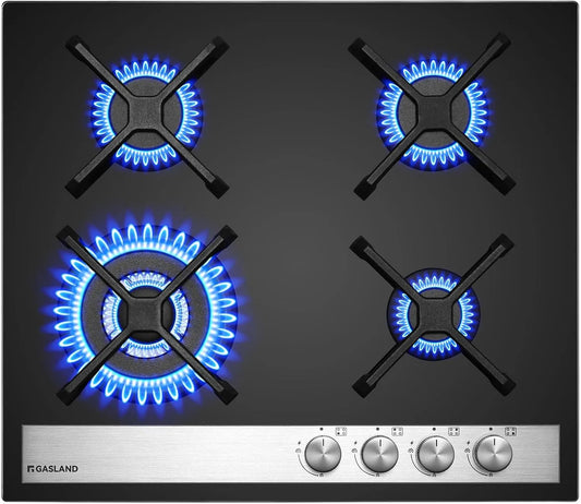 Piano cottura a gas, 60 cm, 4 fuochi, GASLAND GH6604BG1FC, da incasso, fornello a gas, nero, Fornello Butano 8000 Watt, Vetro Nero, GPL, Gas Naturale