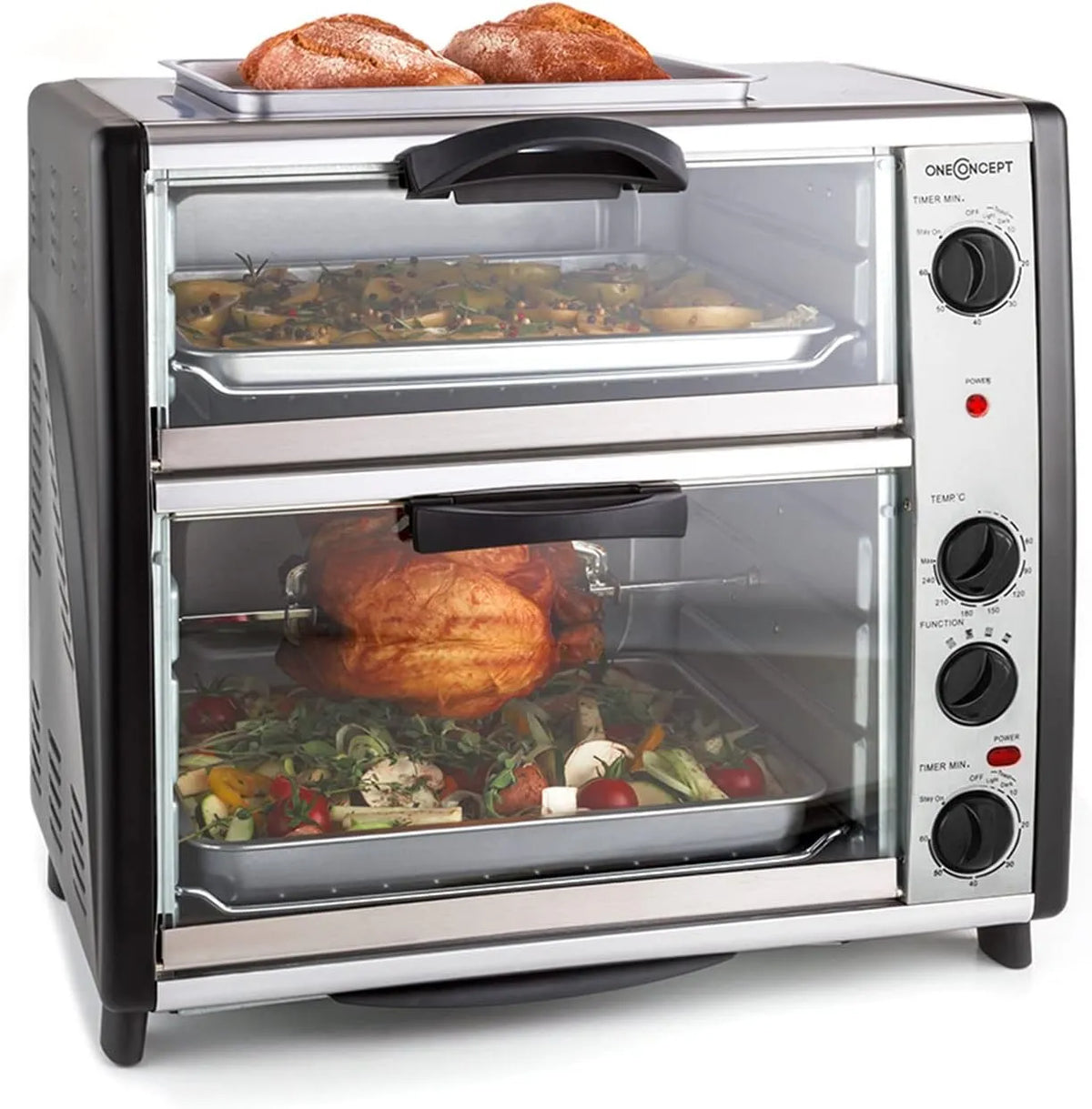 Forno elettrico, 42 L, 2400 W, 60 a 240 °C, grill, 2 zone di temperatura, acciaio inox, argento, acciaio inossidabile, 42 litri, oneConcept, due vani