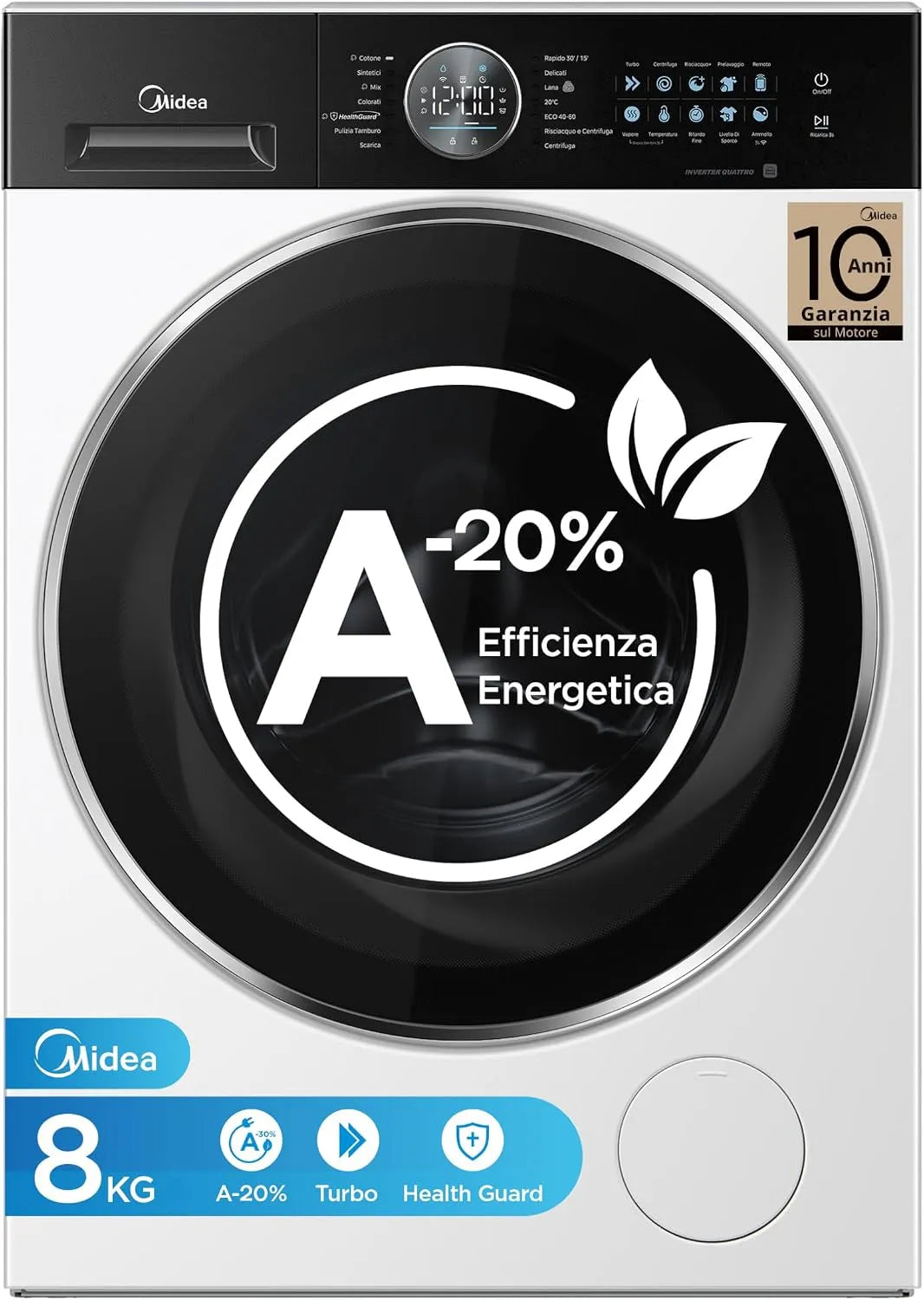 Lavatrice, 8 kg, classe energetica A, Inverter, Midea Lavatrice 8 kg Classe A-20% 1400 Giri Silent Inverter Motor