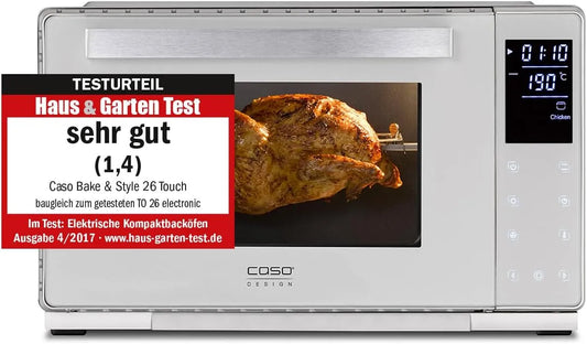 Caso Forno elettrico, 9 programmi, 30 a 230 °C, touch, timer, 2 zone di temperatura, spiedo girevole e pietra, ideale per cuocere, arrostire