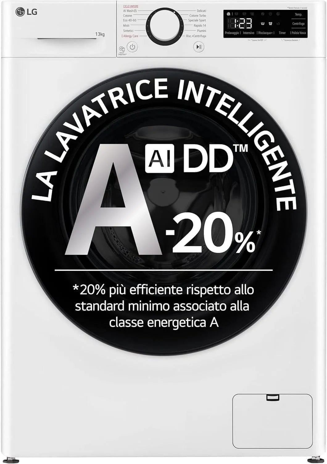 LG F4R3013NSWB Lavatrice, 13 kg, classe energetica A, libera installazione, vapore, bianco, 1400 giri, Smart Diagnosis, Classe A-20%, AIWash, Lavaggio