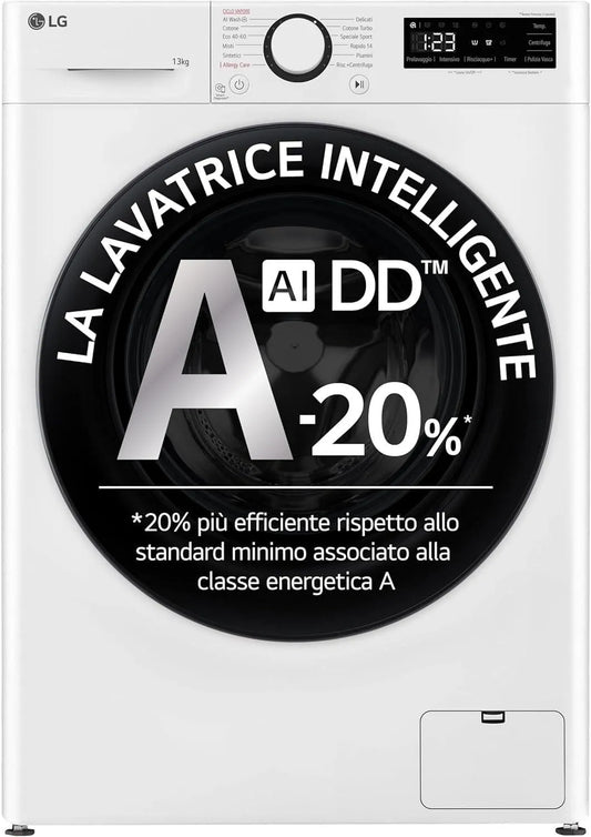 LG F4R3013NSWB Lavatrice, 13 kg, classe energetica A, libera installazione, vapore, bianco, 1400 giri, Smart Diagnosis, Classe A-20%, AIWash, Lavaggio