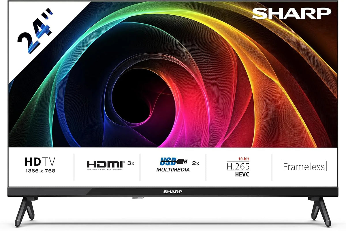 Sharp NON-SMART 24' HD, 24HA1305E, FRAMELESS, 60Hz, Sonido 2x3W, HDMIx3, USBx2, Colore nero