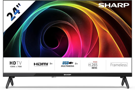 Sharp NON-SMART 24' HD, 24HA1305E, FRAMELESS, 60Hz, Sonido 2x3W, HDMIx3, USBx2, Colore nero