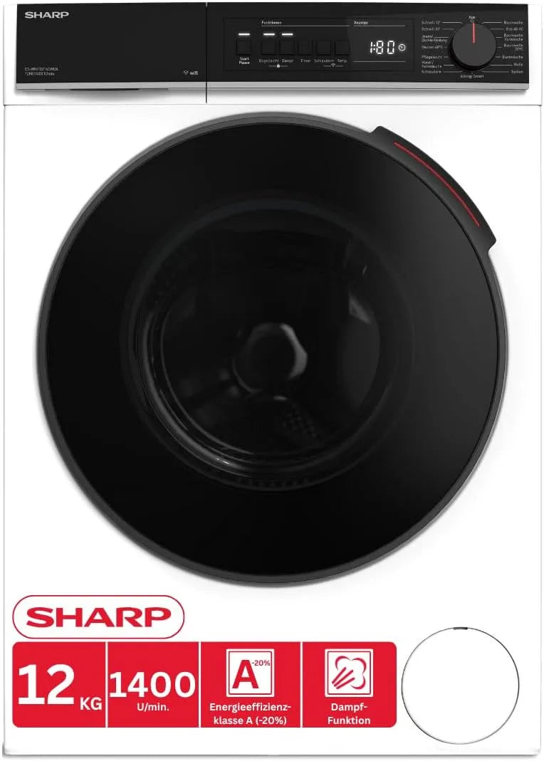 Sharp ES-WNFB214CWDA-DE Lavatrice, 12 kg, classe energetica E, Wi-Fi, app, Inverter, vapore, aquaStop, bianco, 1400 giri, min, lavaggio rapido