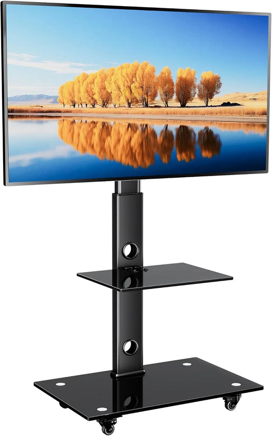 Smart TV, 70 pollici, 600x400mm, televisore, portatile, ruote di trasporto, Fino a 40kg, Altezza Regolabile, Ripiani in Vetro Temperato, Carrello TV