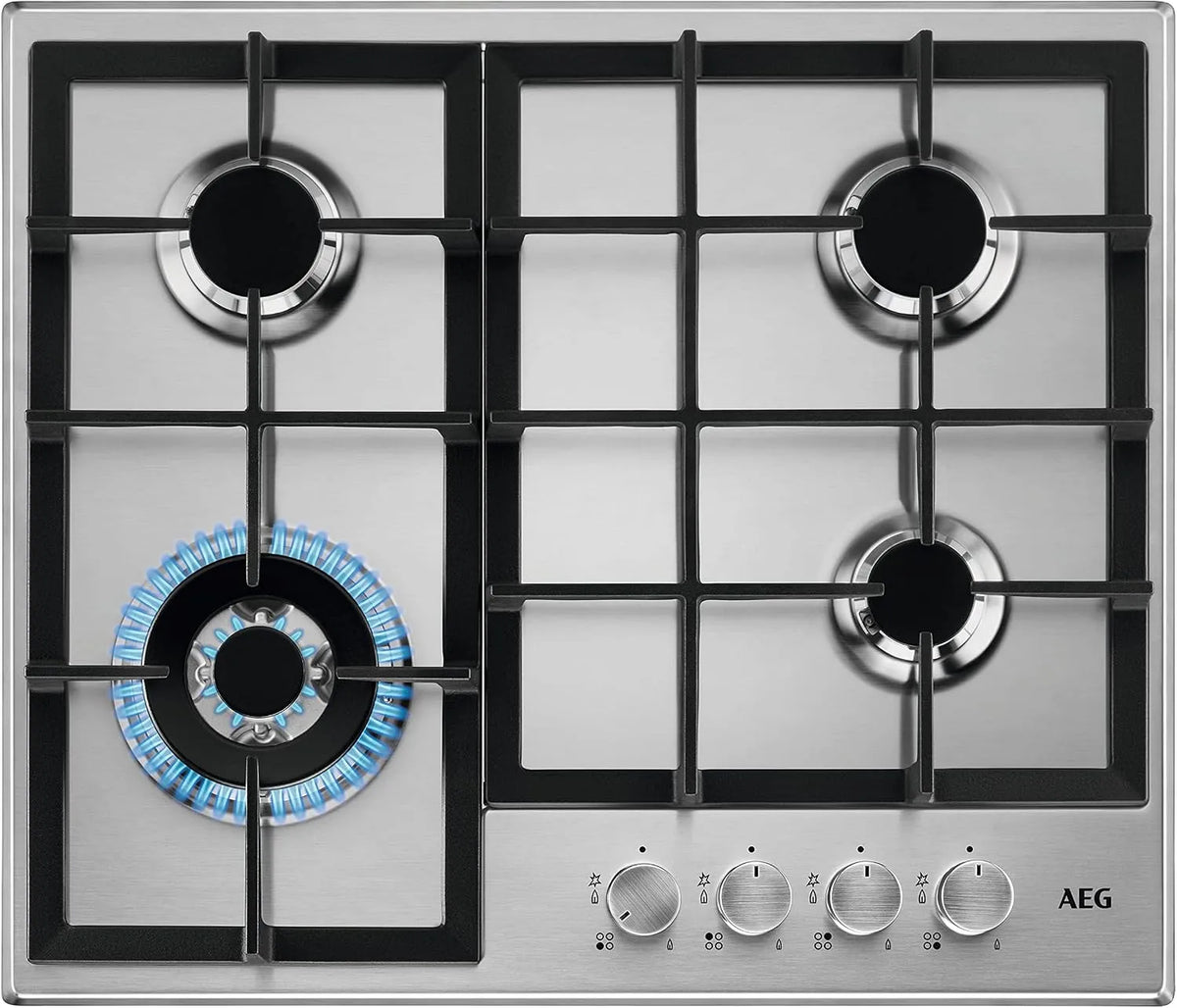 AEG HGB64400SM Piano cottura a gas, 60 cm, 4 fuochi, ghisa, acciaio inox, fornello a gas