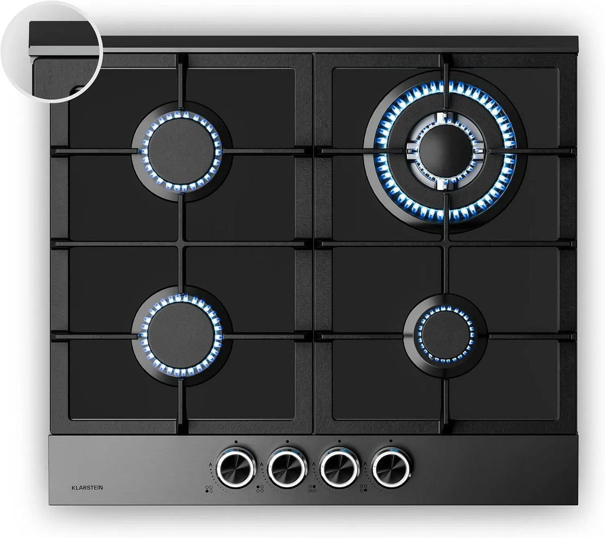 Klarstein Piano cottura a gas, 60cm, 4 fuochi, 8000 W, acciaio inox, fornello a gas, nero, GPL, Naturale, 8000W, Accensione Elettrica, Sicurezza