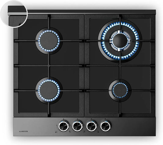 Klarstein Piano cottura a gas, 60cm, 4 fuochi, 8000 W, acciaio inox, fornello a gas, nero, GPL, Naturale, 8000W, Accensione Elettrica, Sicurezza