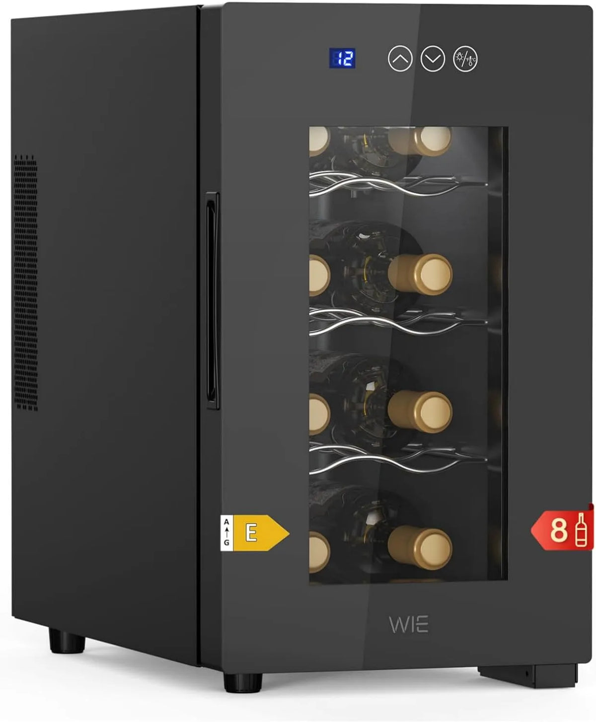 Cantinetta vino, 8 bottiglie, 5 a 18 °C, vetro, touch, Luce LED, Raffreddamento Termoelettrico, Ripiani Regolabili, Muto