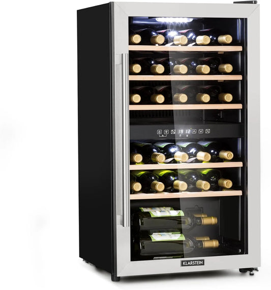 Klarstein Cantinetta vino, 29 bottiglie, 5 a 22 °C, touch, Mini Bar con Protezione UV, Frigo Bar, Frigo Touch, Cantinetta Vino Refrigerata a Zona