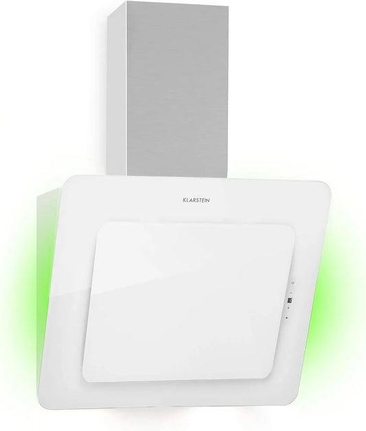 Klarstein Cappa aspirante, 60 cm, 553 m3/h, cappa da cucina, inclinata, illuminazione LED, montaggio a parete, touch, bianco, Luce d'ambiente RGB