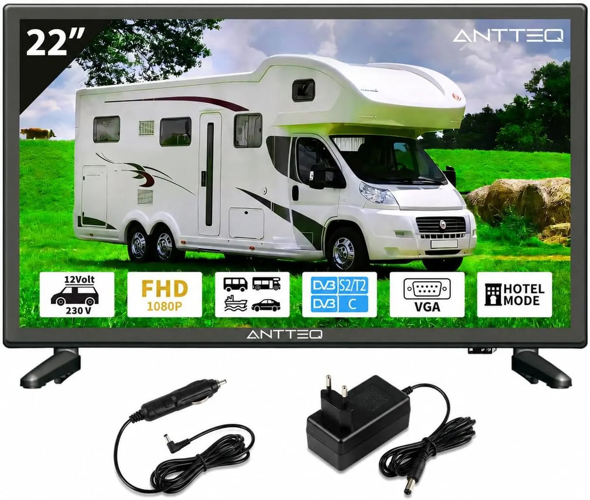 Smart TV, 22 pollici, 12 V, televisore, triplo tuner DVB-T2, S2, Audio Dolby, SCART & CI+, 2K D-LED con 12V, Modalità Hotel, Ideale per Camper