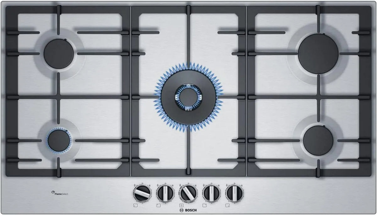 Bosch Serie 6 PCR9A5B90 Piano cottura a gas, 90 cm, ghisa, acciaio inox, fornello a gas, WOK, FlameSelect: regolazione con nove livelli di potenza