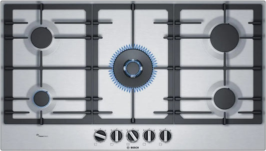 Bosch Serie 6 PCR9A5B90 Piano cottura a gas, 90 cm, ghisa, acciaio inox, fornello a gas, WOK, FlameSelect: regolazione con nove livelli di potenza
