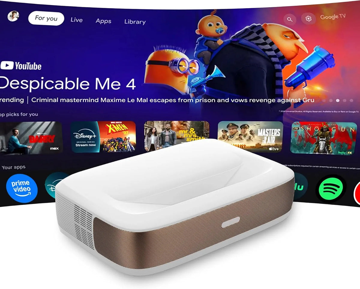 Google 1080P Smart TV, televisore, esterno, bianco, WUPRO Cinema G3 Mini Projectore UST a Triplo Laser, 600 ANSI Lumen, Autofocus 1080P, Global Google
