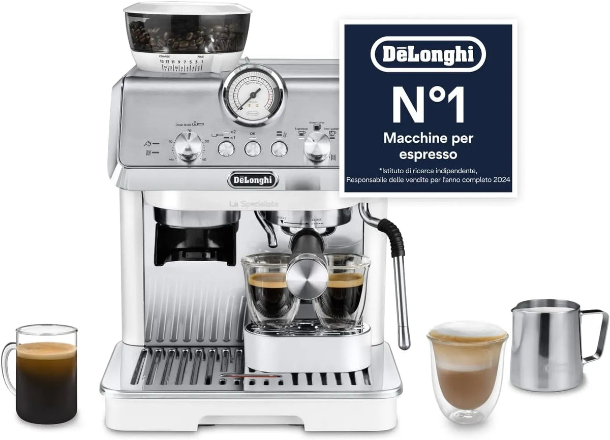 De'Longhi EC9155.W Macchina da caffè, bianco, incluso KIT BARISTA, 3 Ricette Preimpostate, 8 Livelli di Macinazione, De'Longhi LA SPECIALISTA ARTE