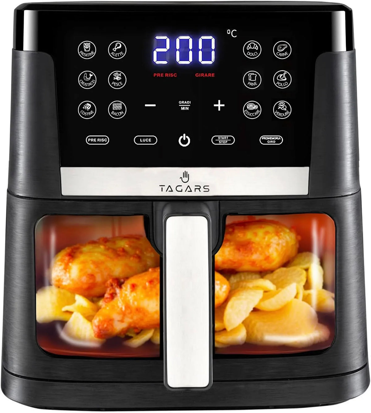 Friggitrice ad aria, 7 L, 1800 W, 12 programmi, touch, timer, display digitale, Finestra Di Controllo In Vetro, Sistema A Riscaldamento Rapido